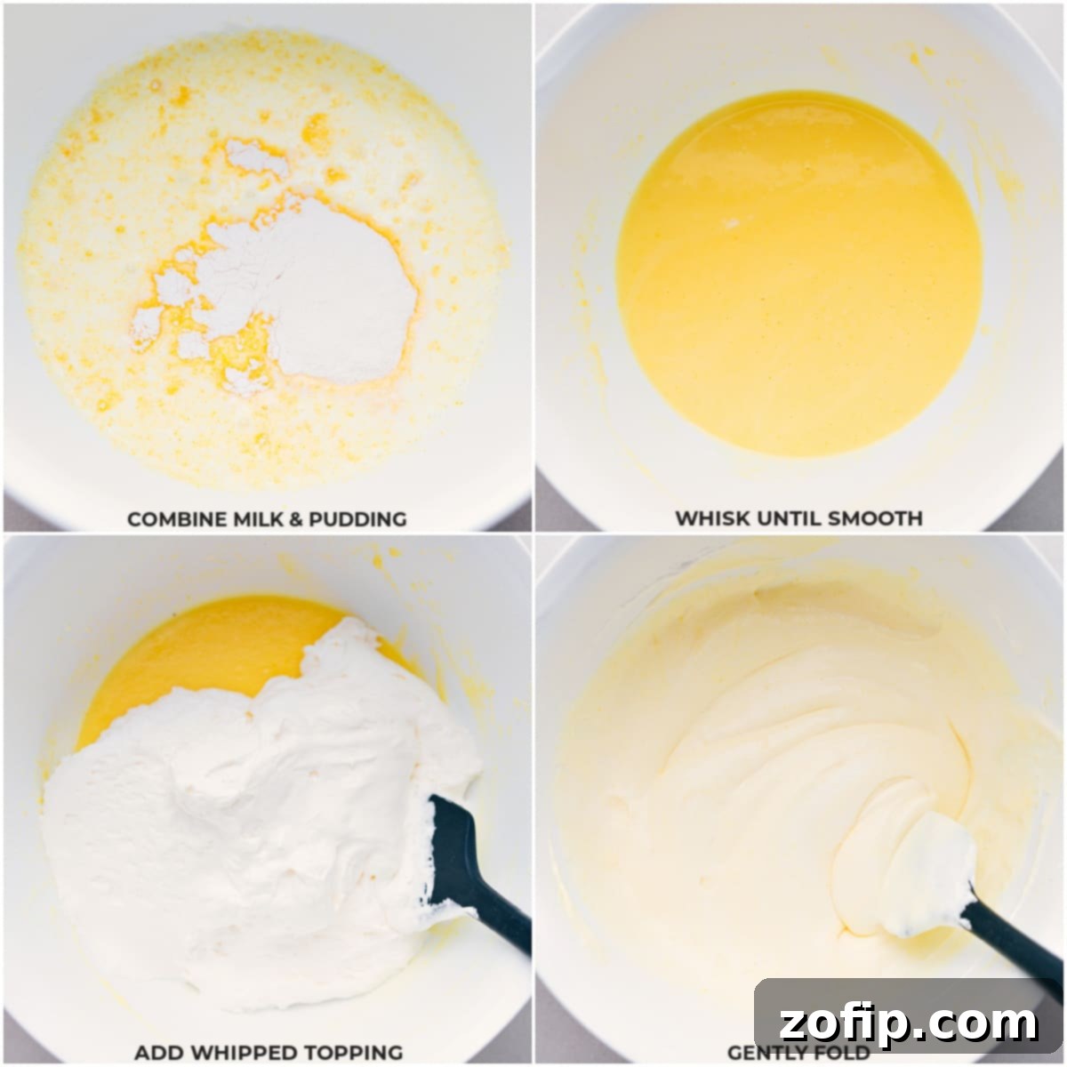 Milk, instant pudding mix, and whipped cream being combined and mixed together in a bowl.