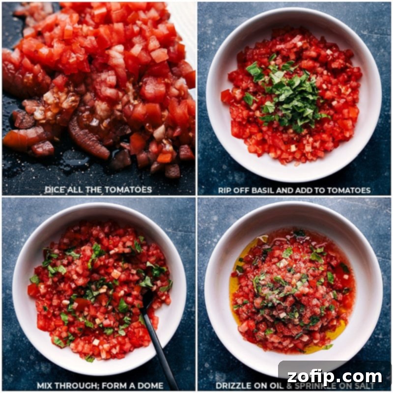 Process shots of Bruschetta-- image of the tomatoes, basil, oil, and salt being added to a bowl
