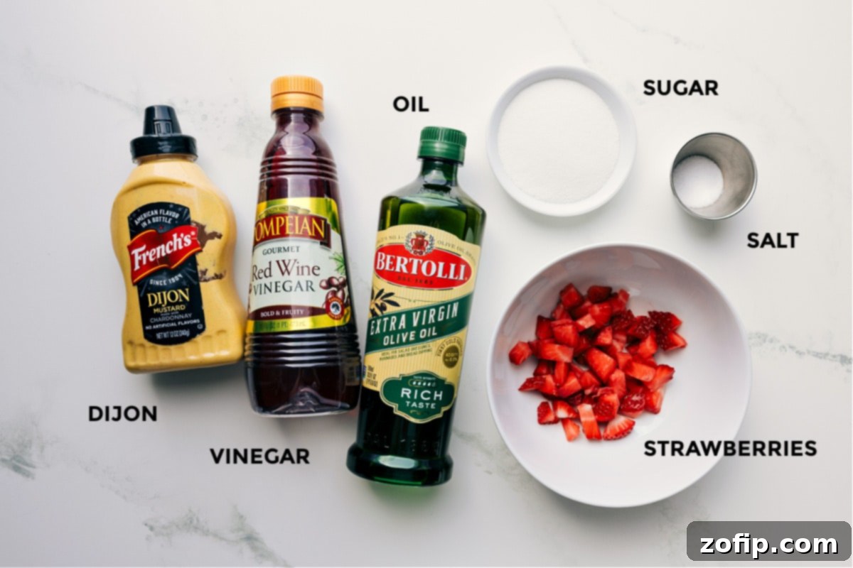 All the fresh ingredients meticulously prepped and arranged for this Strawberry Balsamic Vinaigrette recipe. Includes bright red strawberries, crystal clear water, rich balsamic vinegar, finely minced shallots, creamy Dijon mustard, golden honey, seasonings, and golden olive oil.
