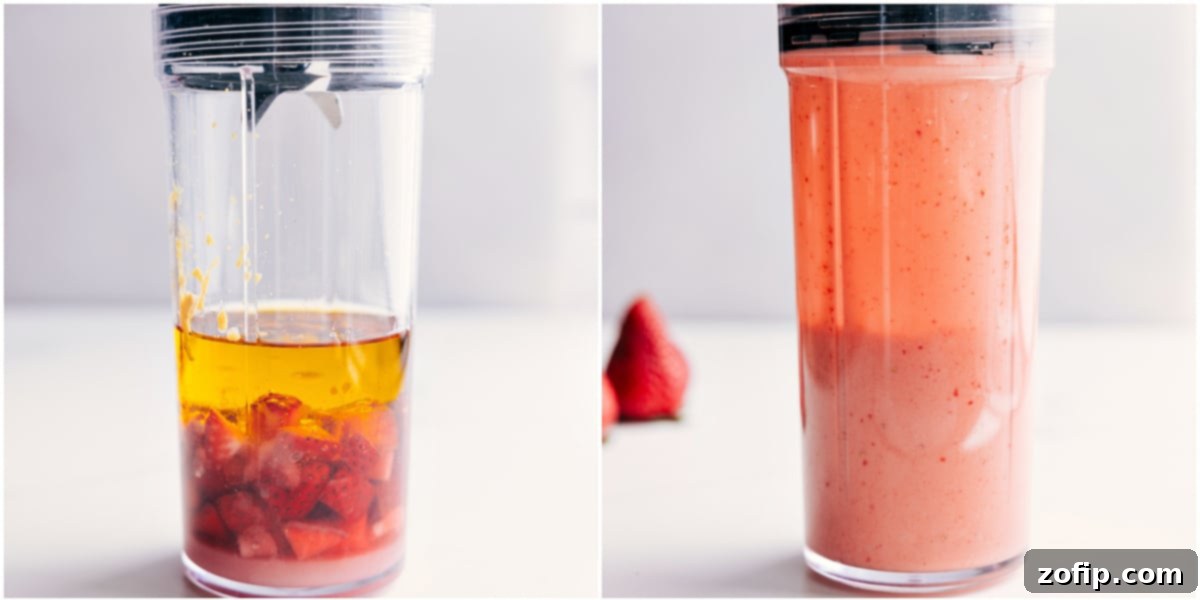 All the vibrant Strawberry Vinaigrette ingredients are combined in a small blender, ready to be processed into a smooth, delicious dressing.