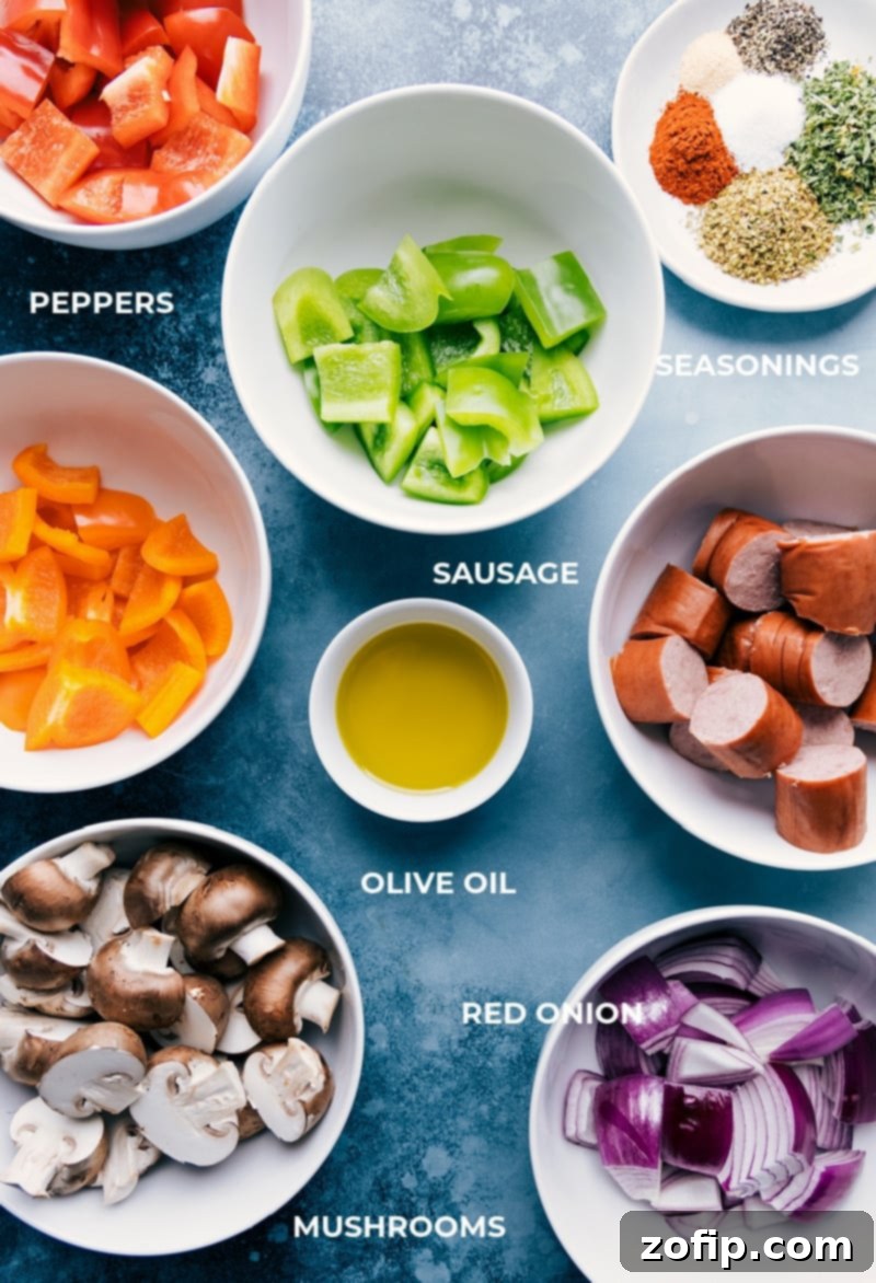 Close-up of all fresh ingredients for Sausage Kabobs laid out before assembly