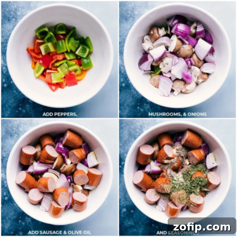 Process images showing vegetables and sausage being mixed in a bowl with olive oil and seasonings