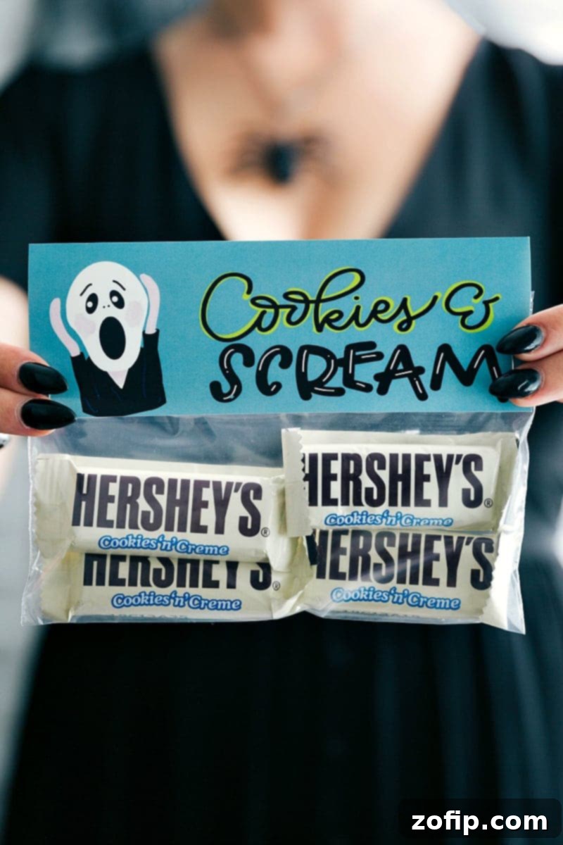 Free Halloween Treat Bag Topper: Cookies and Scream design featuring miniature chocolate candy bars.