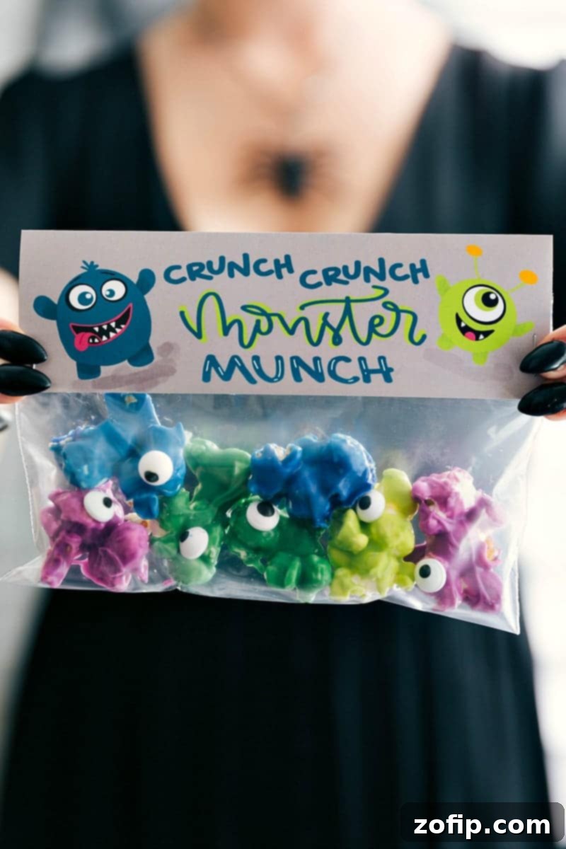 Free Halloween Treat Bag Topper: Crunch Crunch Monster Munch design for a homemade popcorn treat.