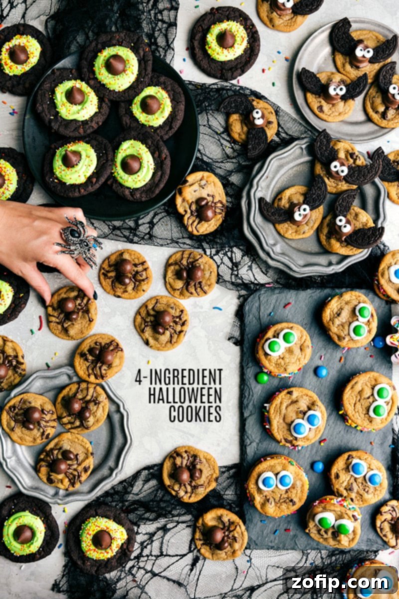 Overhead photo of a variety of Halloween Cookies, including spider, monster, bat, and witch hat designs. These festive treats are easy to make with just four ingredients each.