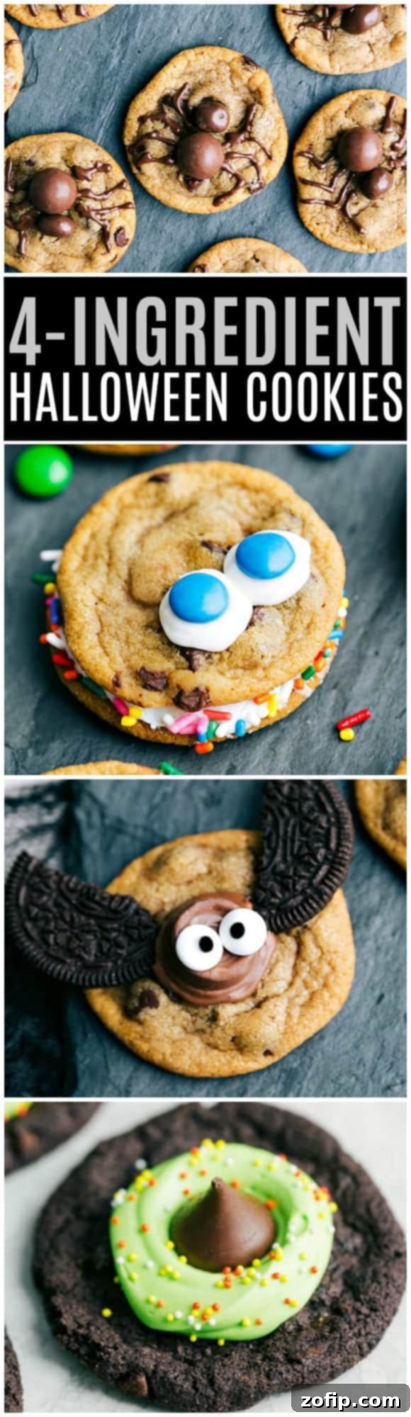 FOUR Halloween Cookies with only FOUR ingredients each!! Spider, monster, bat, and witch hat cookies are the perfect easy (and great last minute) Halloween treat via chelseasmessyapron.com #halloween #treat #cookie #cookies #bat #witch #hat #spider #monster #easy #kidfriendly #cute