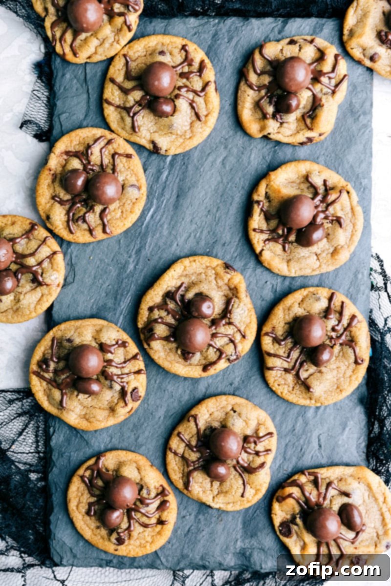 Halloween cookies decorated to look like spiders, featuring a Whopper body and chocolate piped legs.
