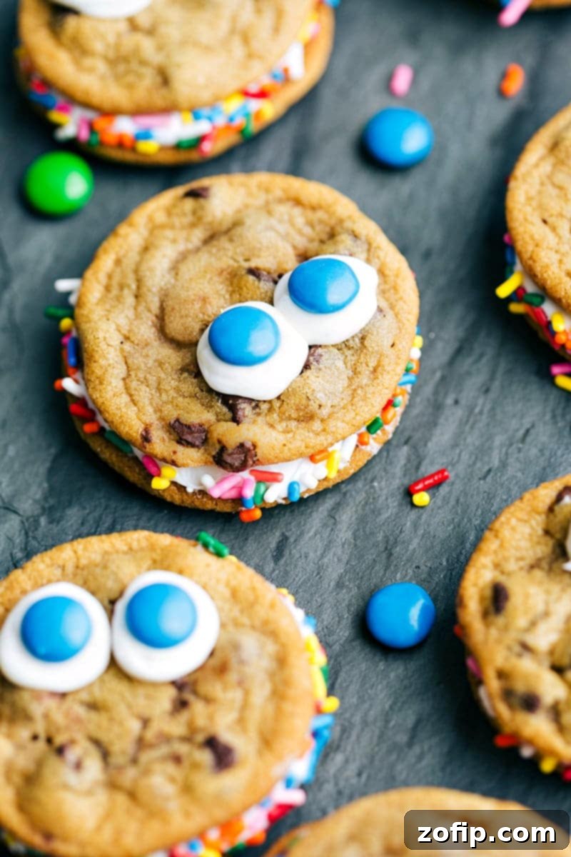 Monster-face cookies decorated for Halloween with colorful sprinkles and M&M eyes.