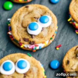 Finished Monster Cookies, showcasing their colorful sprinkles and M&M eyes.