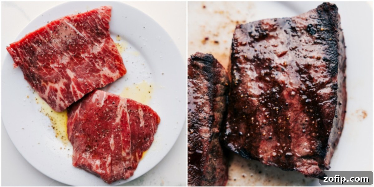 How To Grill The Perfect Steak Everytime Perfectly cooked flat iron steak sizzling on a hot grill, showing ideal sear marks and a juicy interior, ready for a delicious grilled steak salad recipe.