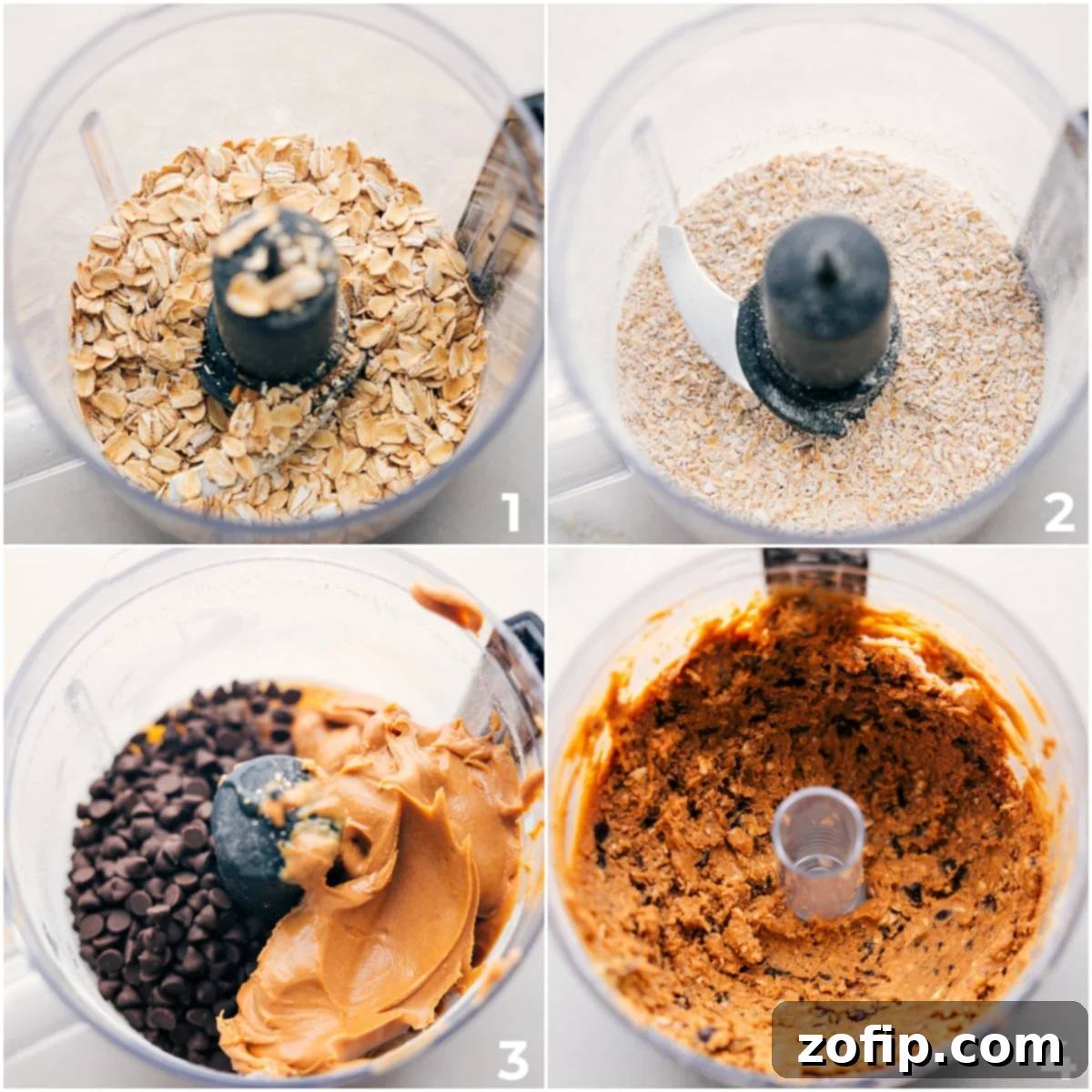 All the ingredients for homemade protein bars added to a food processor and being pulsed together to form a dough-like consistency.