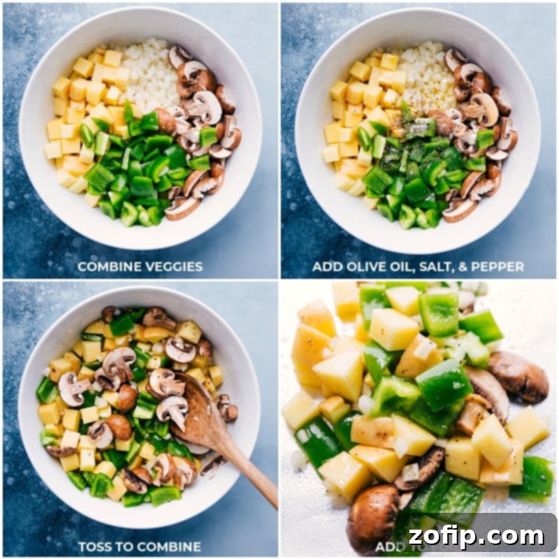 Chef seasoning and oiling fresh vegetables for Philly Cheesesteak Foil Packs before adding ground beef