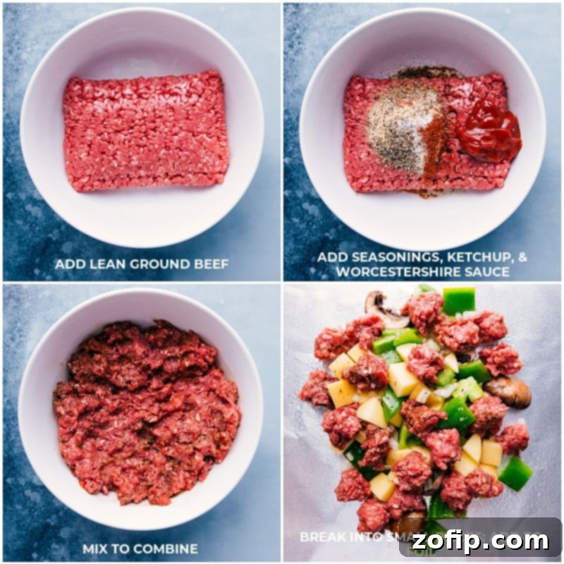Expertly seasoned ground beef being crumbled over a bed of mixed vegetables in a foil pack