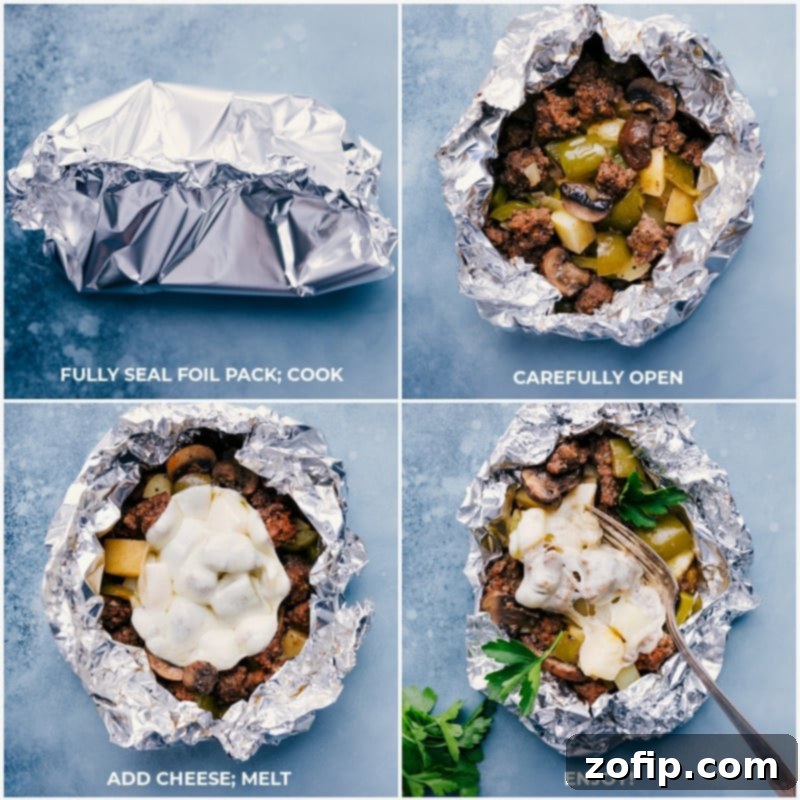 Progression of Philly Cheesesteak Foil Packs: from sealing, to cooking on grill, to adding melted cheese