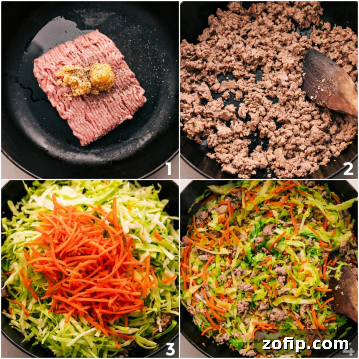 Close-up view of lean ground turkey browning in a hot skillet with aromatic garlic and ginger, followed by the addition of colorful shredded vegetables like cabbage and carrots for a vibrant stir fry.