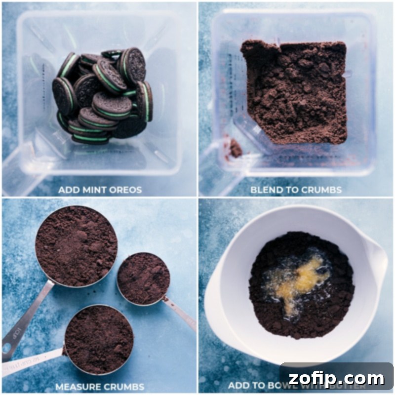 Only 6 ingredients to make this delicious and refreshing ice cream Grasshopper Pie! Recipe via ChelseasMessyApron #dessert #best #quick #easy #simple #oreo #icecream #treat #familyfriendly #kidfriendly #green #grasshopper #pie Process shots showing chocolate sandwich cookies being blended into fine crumbs, then mixed with melted butter to form the pie crust base.