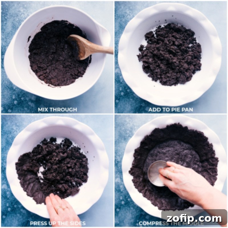 The perfect summer treat that takes minutes to assemble! Recipe via ChelseasMessyApron #dessert #best #quick #easy #simple #oreo #icecream #treat #familyfriendly #kidfriendly #green #grasshopper #pie Process shots showing the Oreo crust being pressed firmly into a pie pan, ready for the filling.