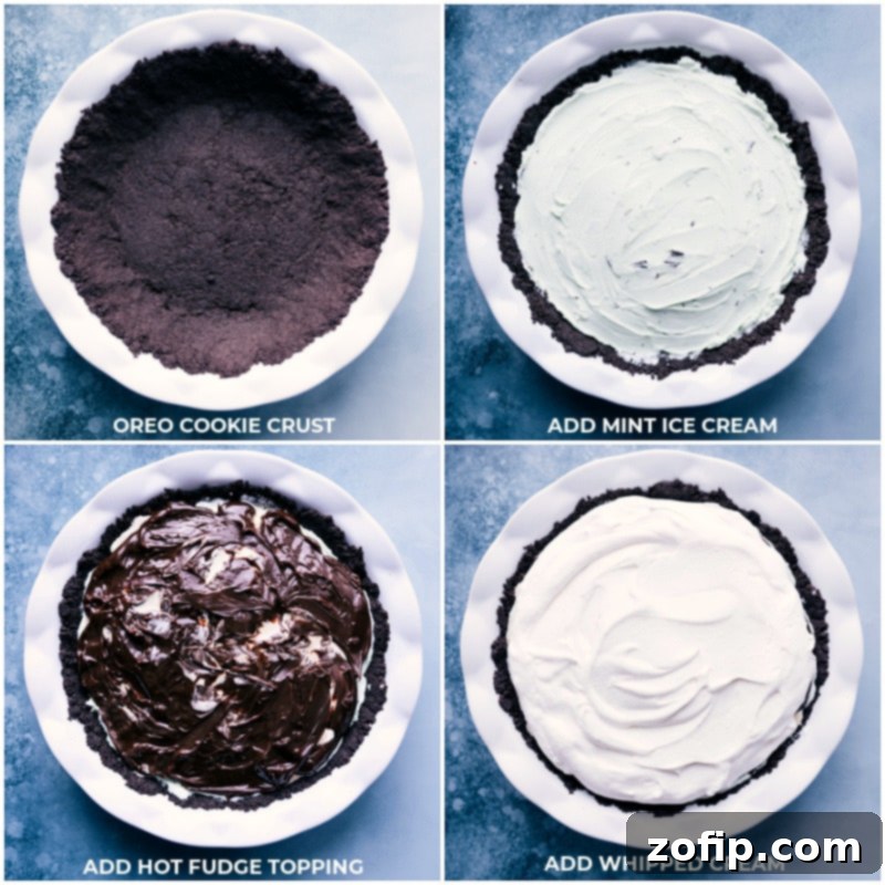 It only takes 6 ingredients to make this delicious and refreshing ice cream Grasshopper Pie -- the perfect summer treat that takes minutes to assemble! Recipe via ChelseasMessyApron #dessert #best #quick #easy #simple #oreo #icecream #treat #familyfriendly #kidfriendly #green #grasshopper #pie Process shots illustrating the layering of ingredients: mint ice cream spread over the crust, followed by hot fudge topping, and finally a creamy layer of whipped cream.