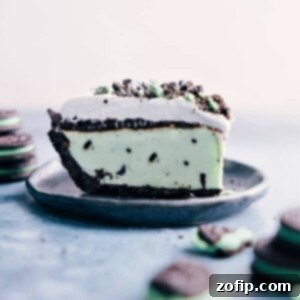 Mint Chocolate Grasshopper Pie 2 A perfectly sliced Grasshopper Pie, showcasing its mint ice cream, hot fudge, and whipped cream layers on an Oreo crust.