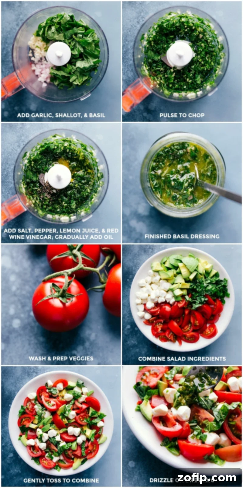 A step-by-step visual guide showing basil dressing being blended, fresh vegetables like tomatoes and mozzarella being prepped and added to a bowl, and finally everything mixed together to create a delicious Caprese salad.