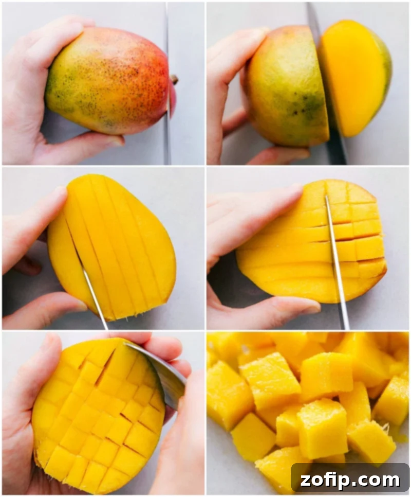 Mastering the Art of Cutting a Mango for Perfect Salsa Detailed step-by-step image illustrating how to properly cut a ripe mango, showing the various cuts and techniques for preparing the fruit