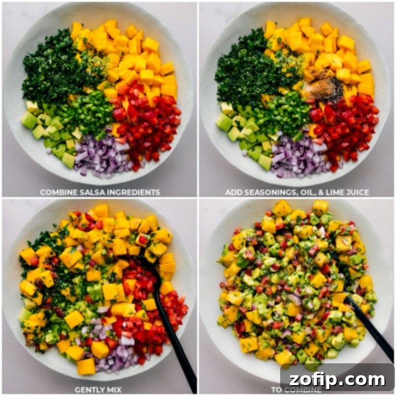 Combining Fresh Ingredients for Our Homemade Mango Salsa A series of process shots showing the various ingredients for Mango Salsa being combined and gently mixed together in a large bowl, highlighting the vibrant colors and fresh textures