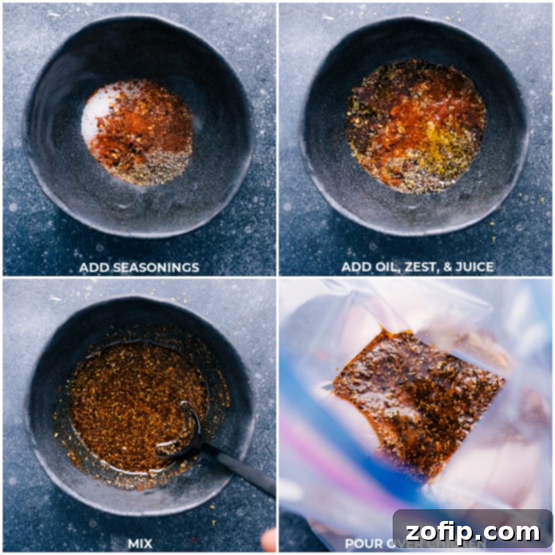 Step-by-step process shots showing ingredients for Chicken Fajita Marinade being mixed in a bowl, highlighting the fresh spices and lemon juice.