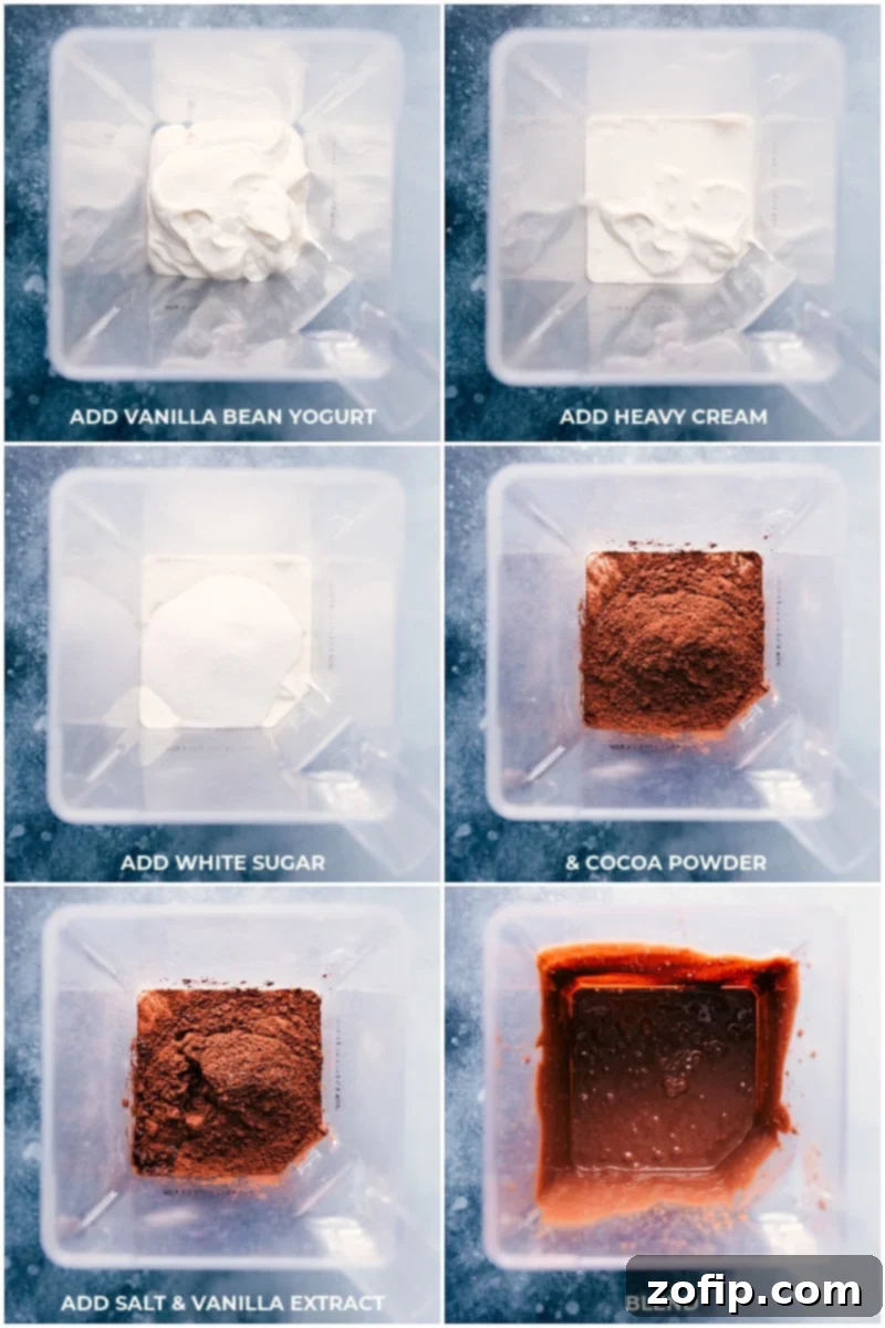 All chocolate frozen yogurt ingredients being blended in a high-speed blender.