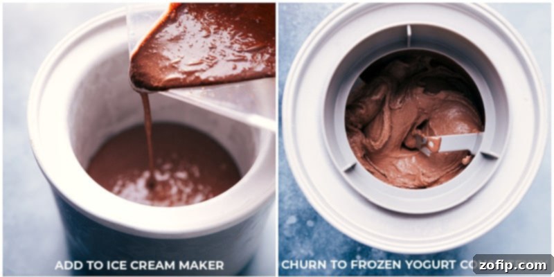 The blended chocolate frozen yogurt mixture being poured into an ice cream maker for churning.