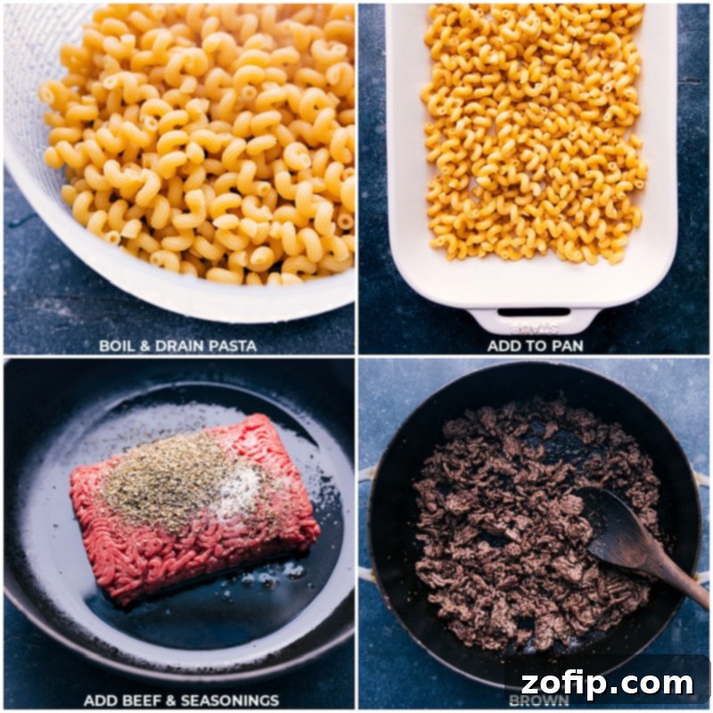 Process shots showing cooked cavatappi pasta being added to a baking dish and seasoned ground beef being spooned over it.