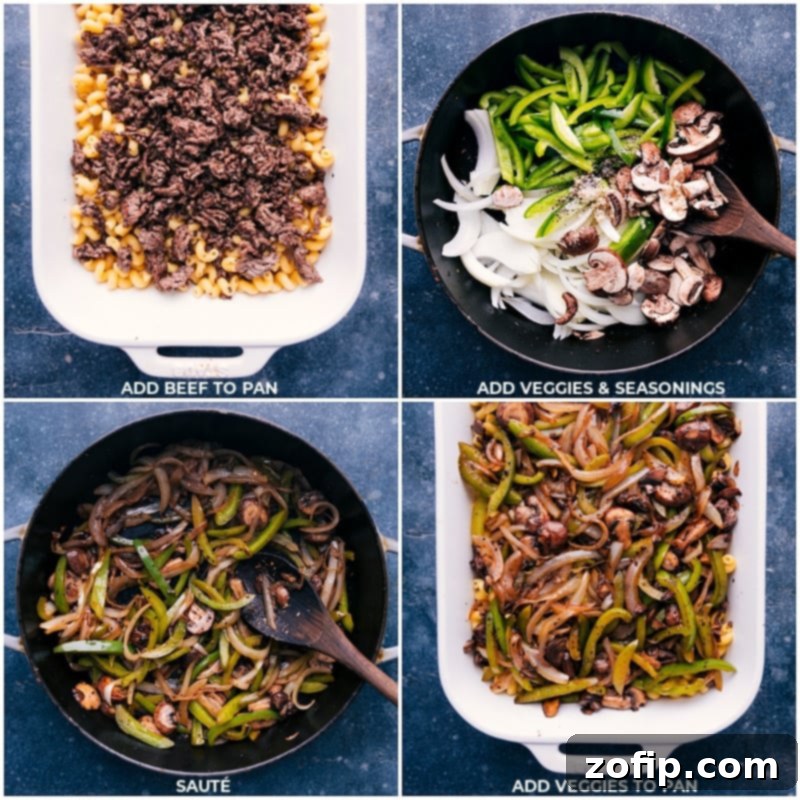 Process shots showing ground beef being added to a hot skillet, followed by cooking and stirring the mixed bell peppers, onions, and mushrooms until softened.