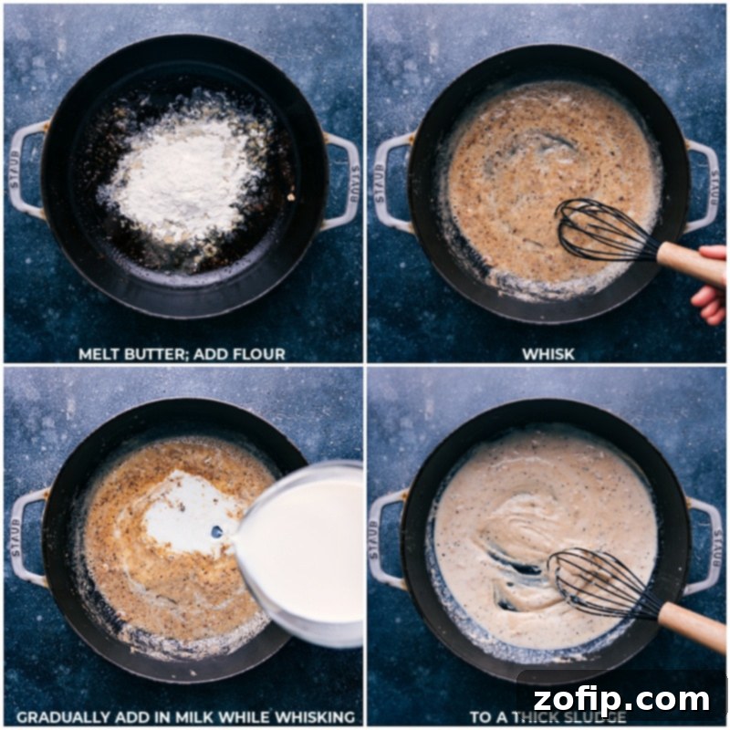 Process shots showing butter, flour, and milk being whisked together in a skillet to create a smooth, thickening sauce.