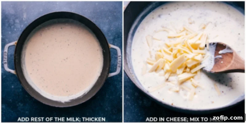 Process shots showing finely diced provolone cheese being added to the creamy white sauce in a skillet, ready to be stirred.