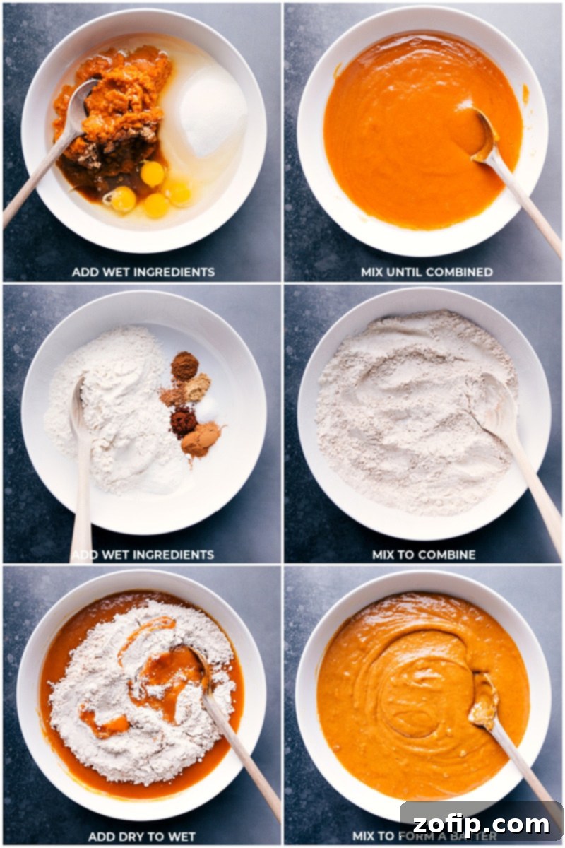 The process of preparing pumpkin cake batter, showing wet and dry ingredients being mixed together to create a smooth and flavorful blend.