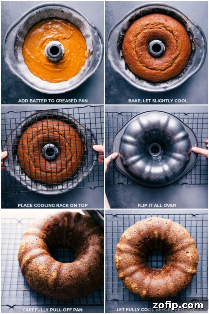 The freshly baked pumpkin cake is removed from the oven and allowed to cool on a wire rack before being frosted, ensuring a perfect texture.