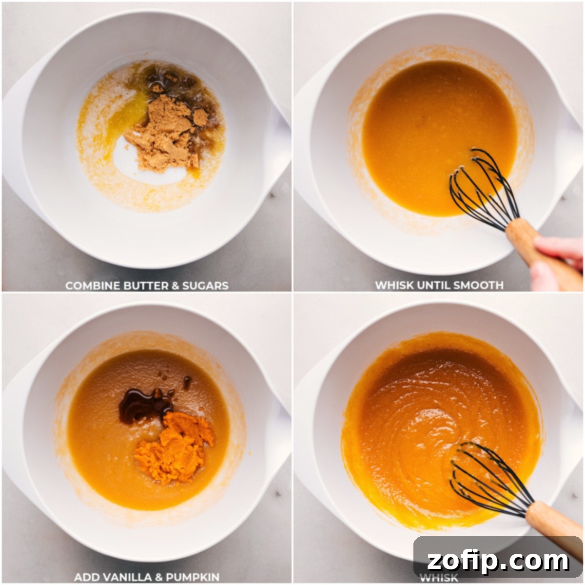 A beautiful shot of melted butter and various sugars, mixed with pumpkin puree and vanilla extract, swirling together in a mixing bowl. This stage is crucial for developing the rich base of the pumpkin snickerdoodle cookie dough.