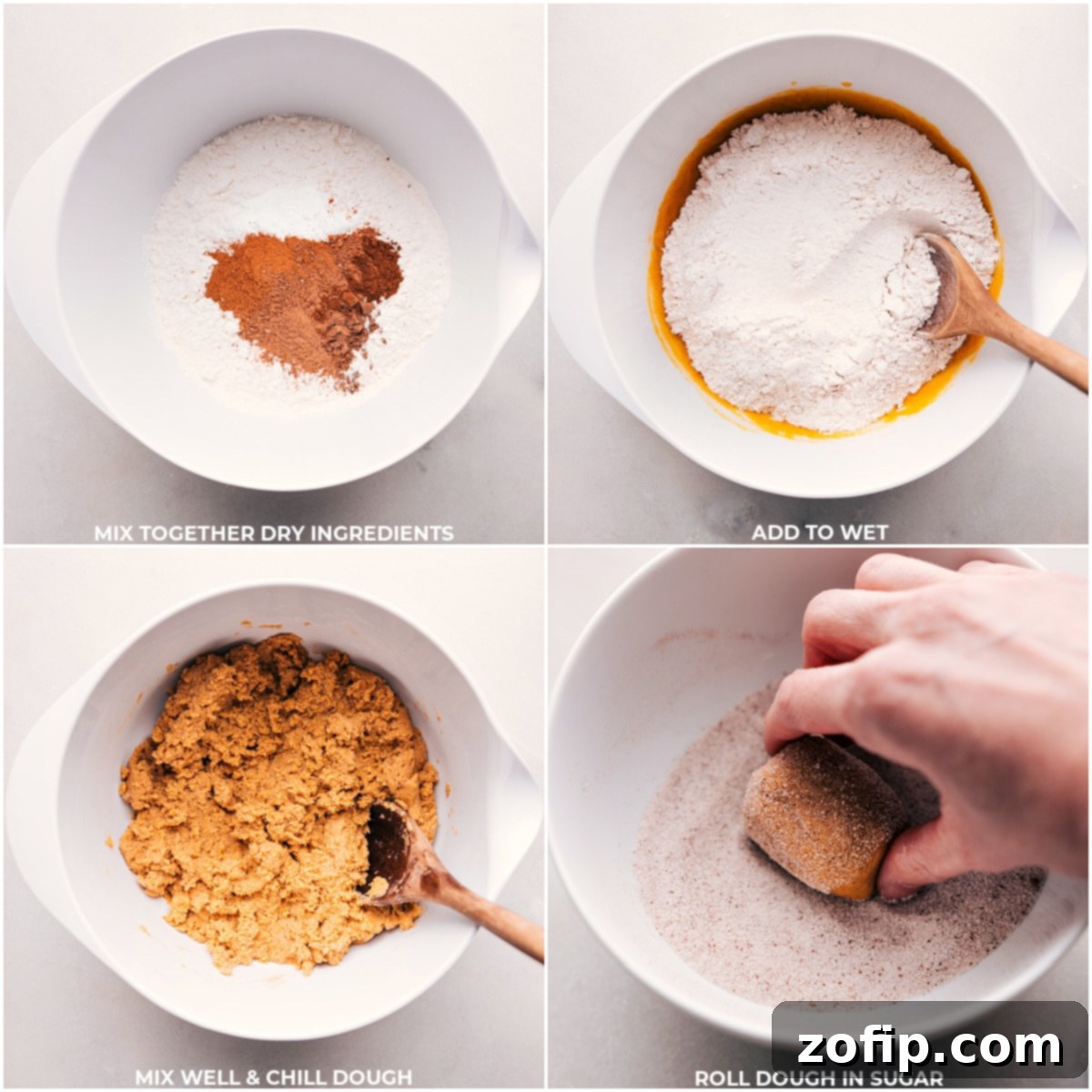 The process of preparing pumpkin snickerdoodle cookies: from combining dry and wet ingredients to form the dough, then meticulously shaping it into perfect balls and rolling them in a flavorful spiced sugar coating.