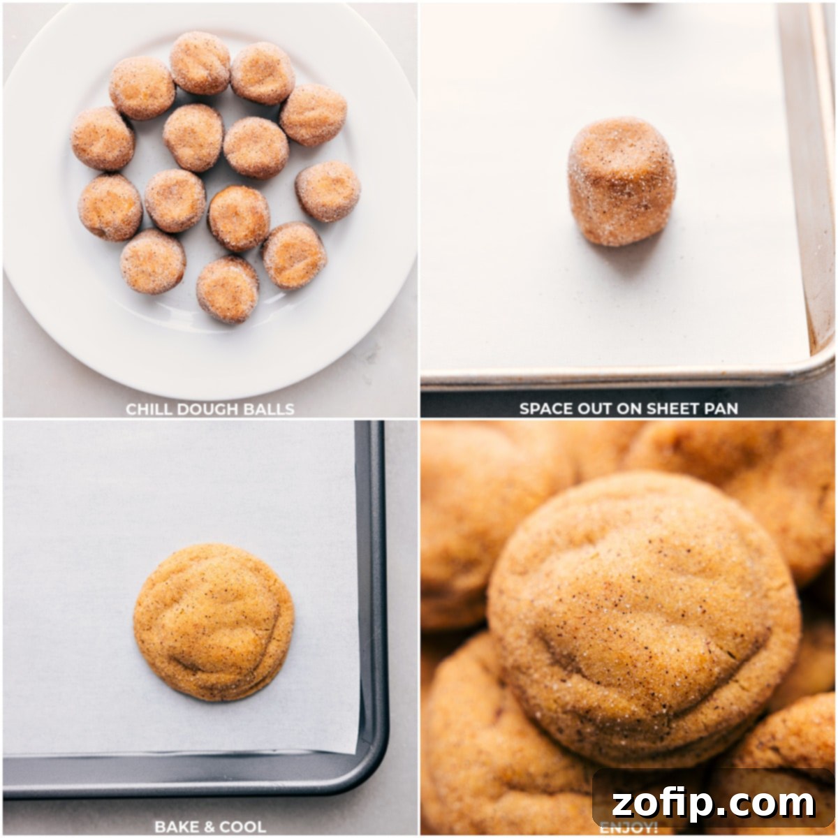 A visual progression from chilled dough balls, perfectly shaped and rolled, to the final stage of beautifully baked pumpkin snickerdoodle cookies, golden brown with characteristic crackly tops, ready to be enjoyed.