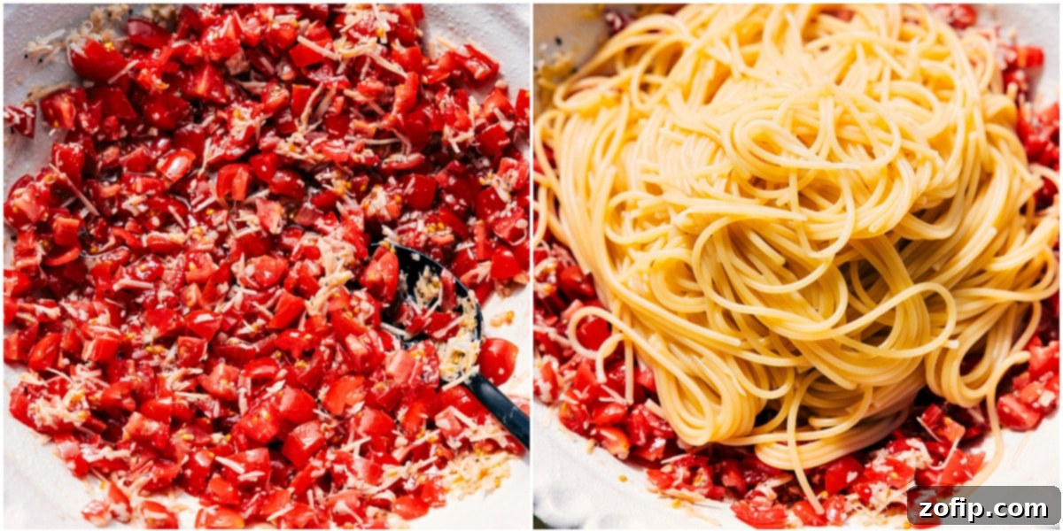 Fresh Tomato and Basil Bruschetta Pasta 5 Bruschetta Pasta in a large mixing bowl, showing the freshly tossed ingredients.