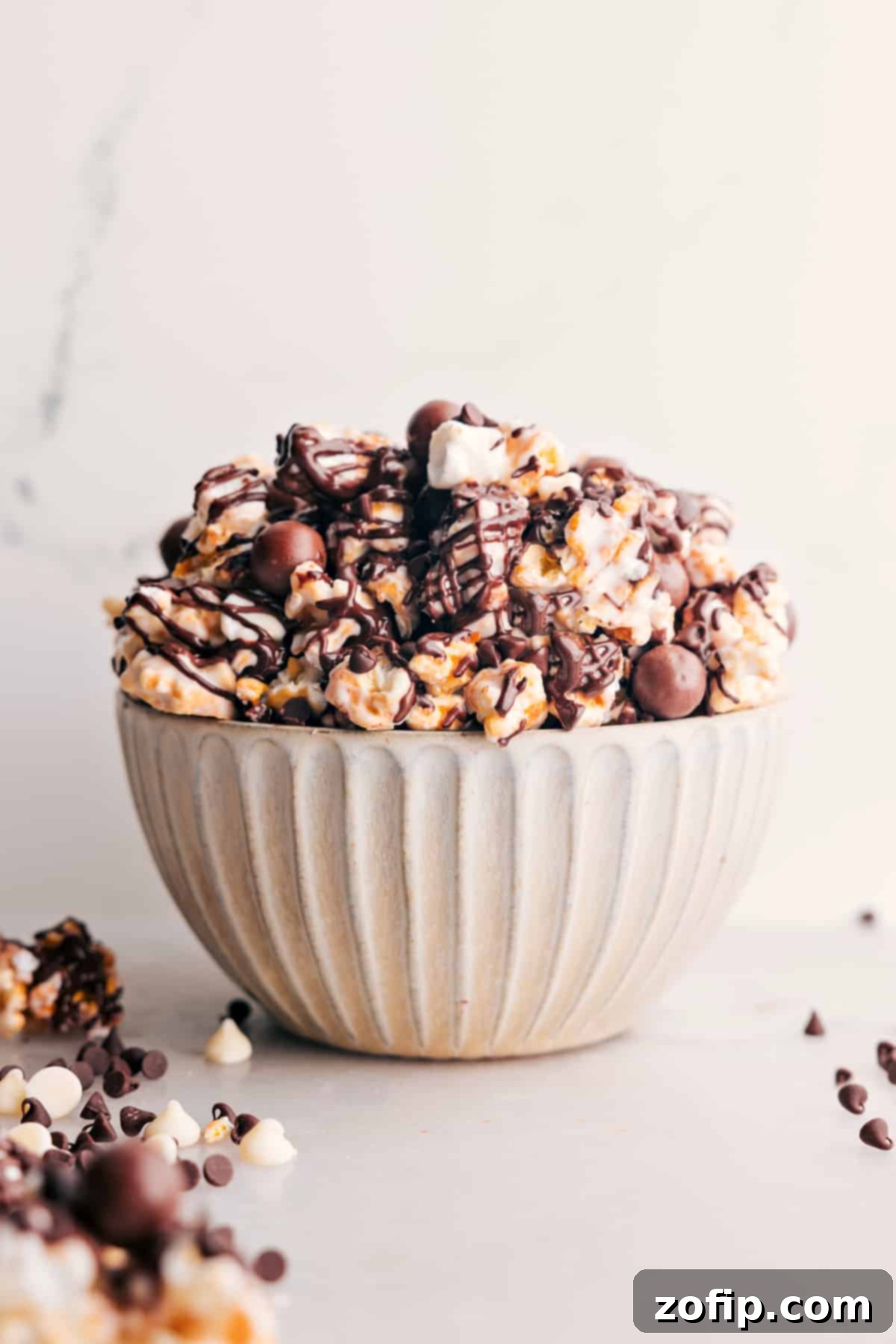 Gourmet Chocolate Popcorn: A bowl filled with chocolate-coated popcorn, mini marshmallows, and chocolate malt balls, ready to be enjoyed.