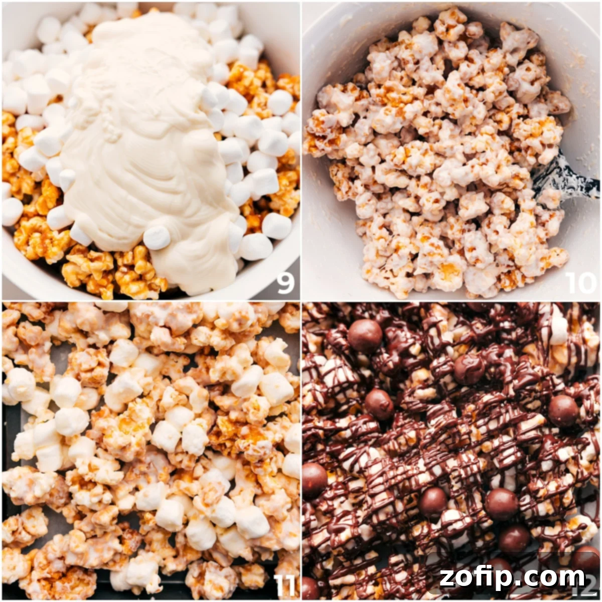 The process continues with mixing in white chocolate and marshmallows, followed by drizzles of dark and milk chocolate, and a final topping of Whoppers.