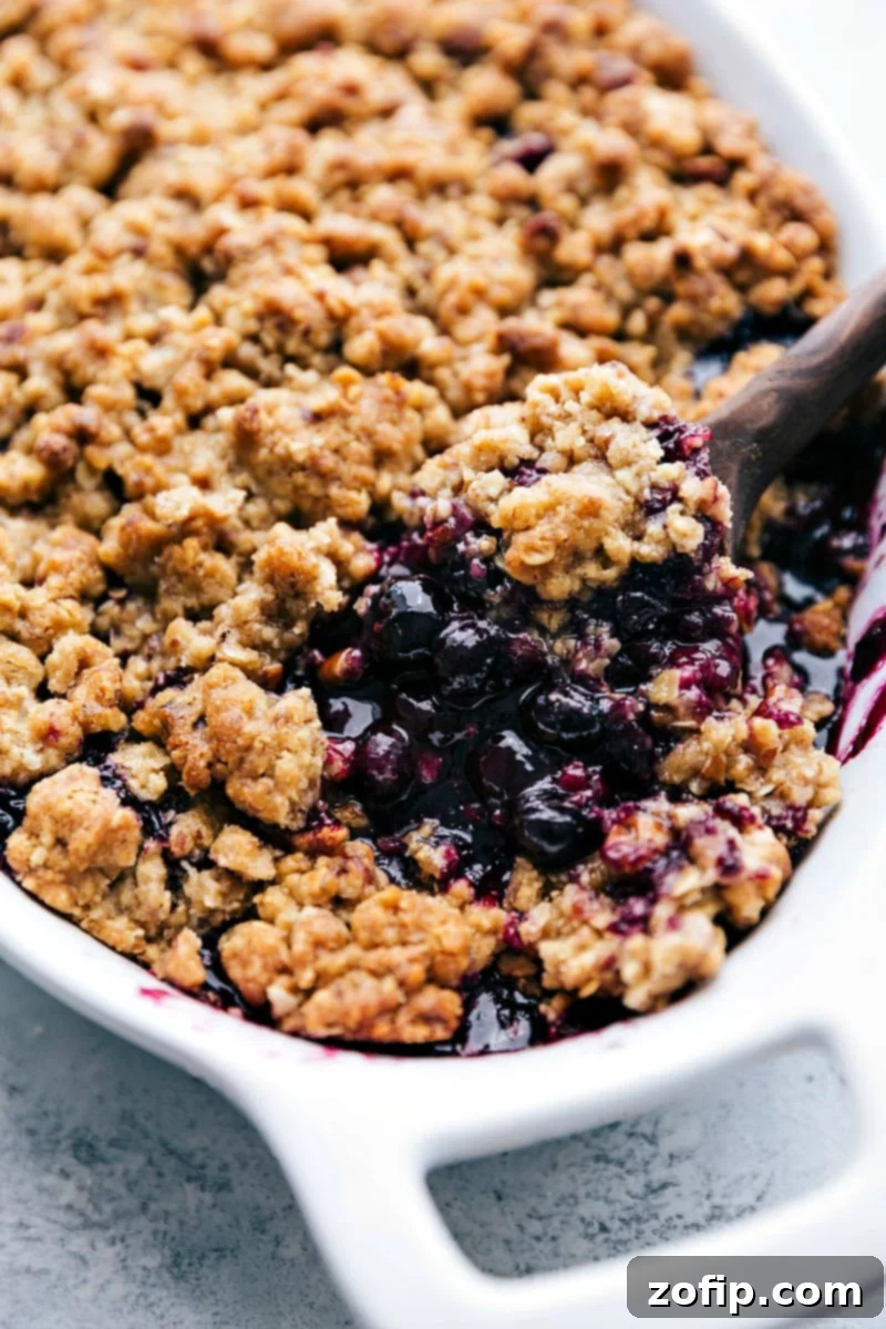 Spoonful of Freshly Baked Blueberry Crisp Freshly baked blueberry crisp with a spoonful being taken out, revealing its delicious and fruity interior, warm and inviting.