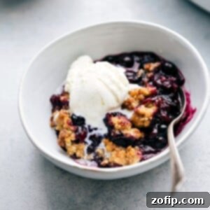 Golden Oat Blueberry Delight 4 The finished, freshly baked dessert in a bowl, featuring a golden crumble topping and juicy filling, topped with a scoop of creamy vanilla ice cream, ready to be enjoyed.