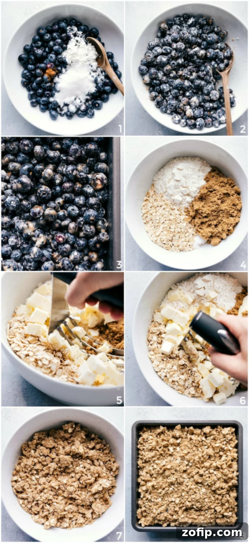 Golden Oat Blueberry Delight 3 The making of the blueberry crisp, showing steps like coating blueberries in cornstarch and lemon, mixing dry ingredients, adding cold butter to make the crumble topping, and assembling in a baking pan.