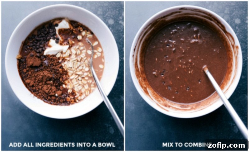 All the ingredients for overnight brownie batter oats laid out in a bowl, followed by step-by-step images demonstrating the process of combining these ingredients until smooth.
