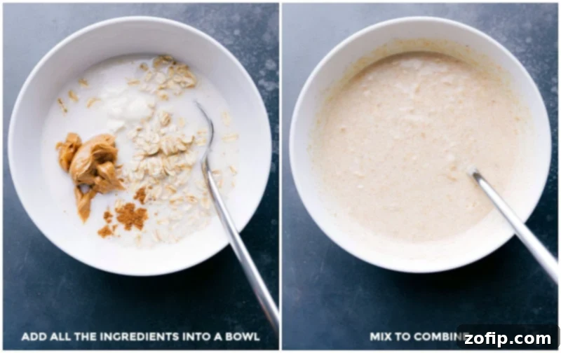 All the essential ingredients for Peanut Butter Cookie Overnight Oats in a bowl, being mixed together to create a smooth, creamy base.