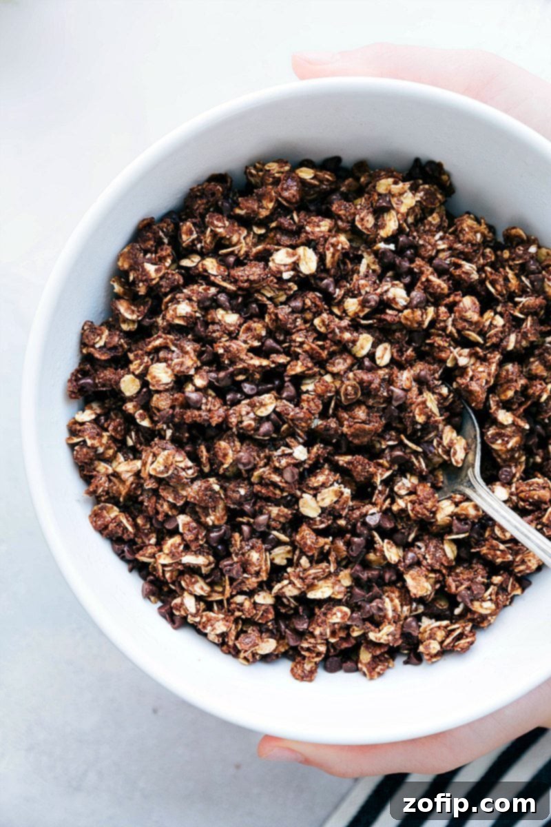 Close-up of freshly made No-Bake Chocolate Granola in a serving bowl, showcasing its delicious texture.