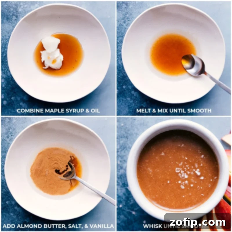 Step-by-step process of making Healthy Caramel Sauce, showing melted coconut oil and maple syrup, then almond butter, salt, and vanilla being added and whisked together.
