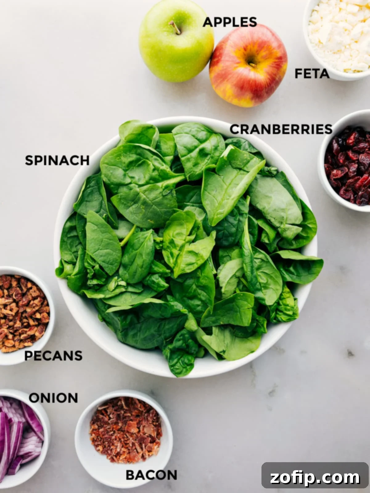 A collection of fresh ingredients for spinach salad, including spinach, apples, red onion, pecans, cranberries, feta, and bacon.