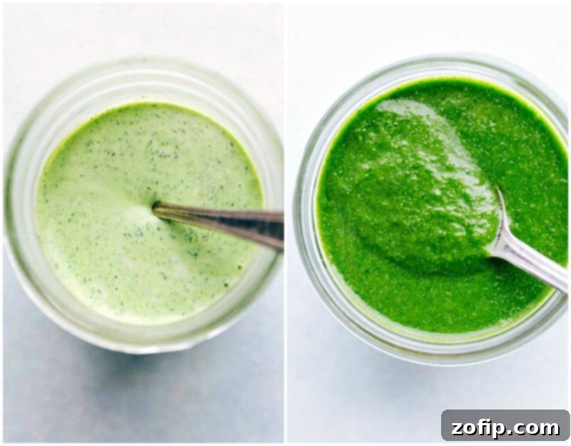 Roasted sweet potatoes and black bean tacos served with a delicious cilantro-lime sauce make the BEST easy Vegetarian Tacos! Two vibrant cilantro-lime dressings in bowls, one lighter, one darker, showcasing the versatility of sauces for Vegetarian Tacos.